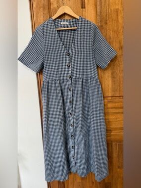 Neuflora Blue Gingham Button-Front Midi Dress with V-Neck